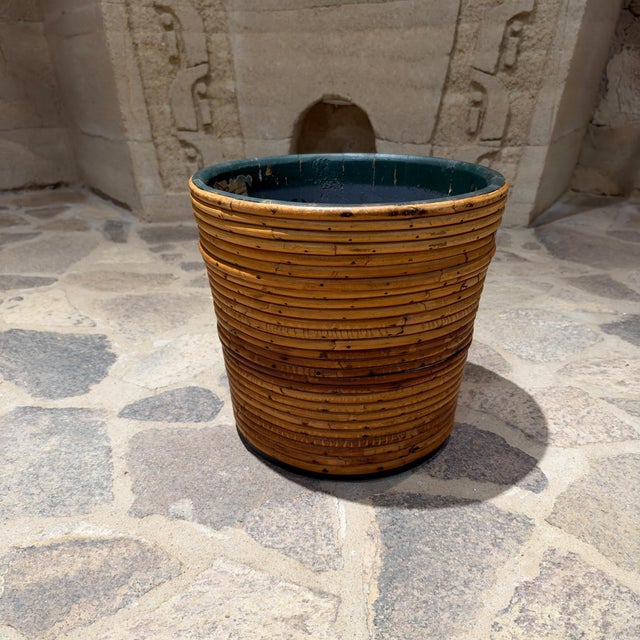 Gabriella Crespi Vintage Pencil Reed Planter or Waste Basket Rattan Cache Pot For Sale - Image 4 of 12