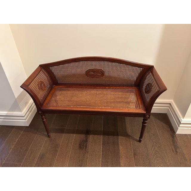 Early 21st Century Heredia Wood Cane Bench With Upholstered Seat – Carved Frame Neoclassical Design For Sale - Image 5 of 5