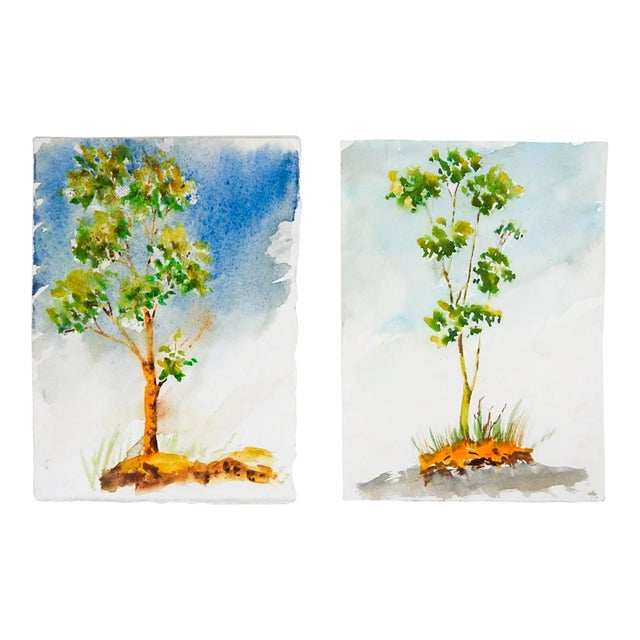 Contemporary Impressionist Tree Watercolor Paintings - a Pair For Sale