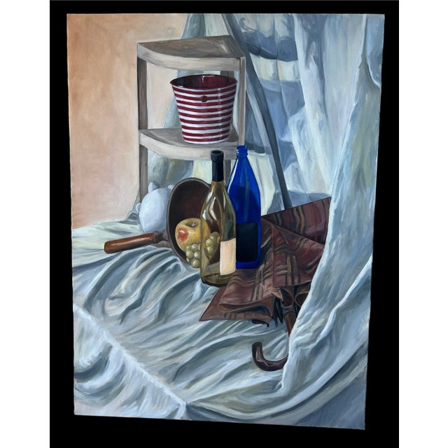 This oil on canvas still life, with the style of post-impressionism features an apple, a bunch of grapes, empty wine...