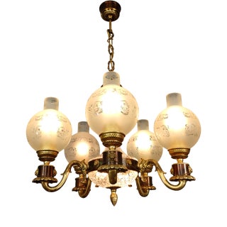 Vintage Empire Victorian French 5-Arm Brass Lion Head Chandelier with Etched Globes and Crystal Glass, 1950s For Sale