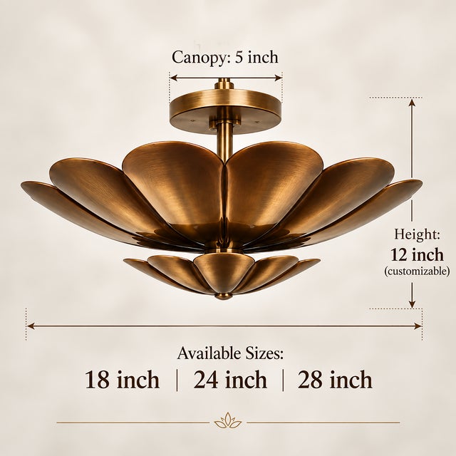 Handmade Brass Lotus Ceiling Light, Floral Scalloped Fixture, Antique Finish For Sale - Image 6 of 10