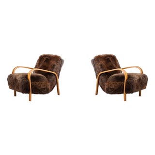 Set of Lounge Chairs in Texel Sheepskin and Honey Blond Bentwood by Kozelka & Kropacek, 1940s For Sale