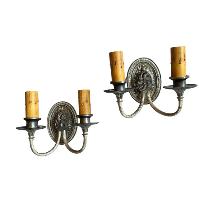 American Pair of 1920s Mixed Metal and Silverplate Double Sconces For Sale - Image 3 of 6
