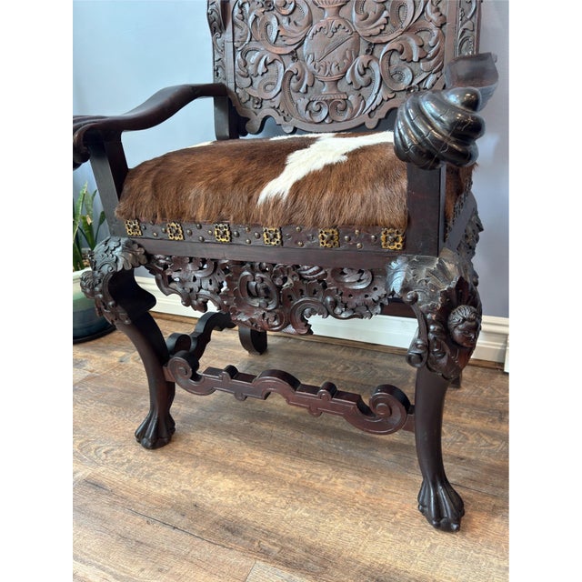 Antique Renaissance Revival Carved Walnut Throne Chair, Cowhide Seat For Sale In New York - Image 6 of 17