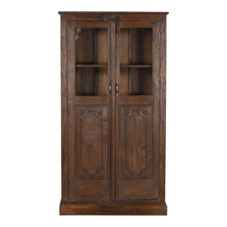 Antique Indian Armoire | Glass Display Cabinet | Vintage Teak Wood Cabinet | Wabi Sabi Decor For Sale