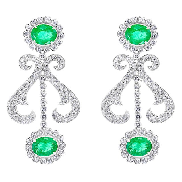 Oval Shape Natural Zambian Emerald And Diamond fringe Necklace Earring Bridal Suite Estate amazingly beautiful set ,...