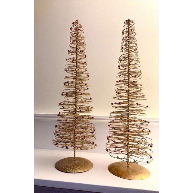 Vintage Gold Wire Beaded Christmas Trees – Set of 2 (20” Each) For Sale - Image 11 of 11