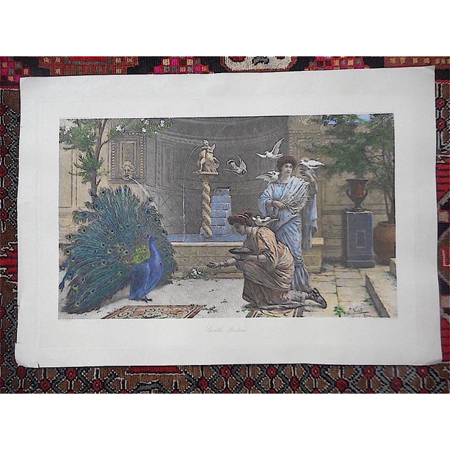 This monumental double elephant folio hand colored lithograph depicts two people feeding a peacock and some other birds. A...