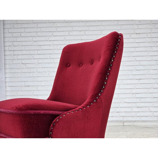 Danish Armchair in Red Furniture Velour and Beech Wood Legs, 1960s For Sale - Image 15 of 18
