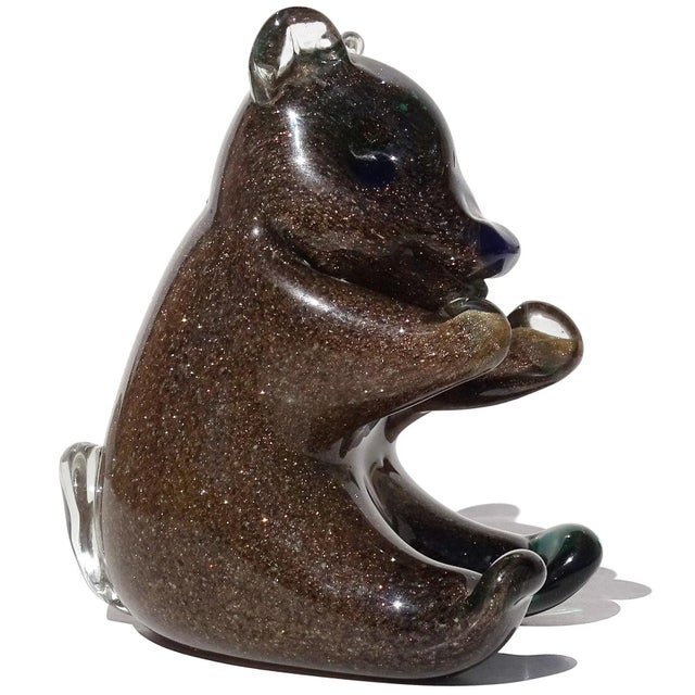Mid-Century Modern Murano Vintage Sommerso Glittery Copper Aventurine Blue Green Italian Art Glass Bear Sculpture For Sale - Image 3 of 8