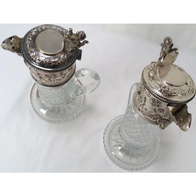 Silver Antique Sheffield Silverplate & Hand Cut Crystal Wine Ewers a Pair For Sale - Image 8 of 13