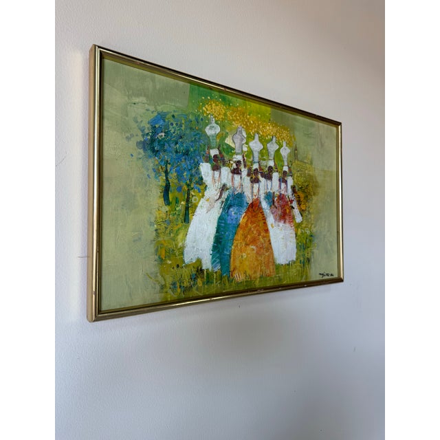 Beautiful vintage 1984 oil on canvas depicting a vibrant line of African women in traditional dress, carrying vessels in a...