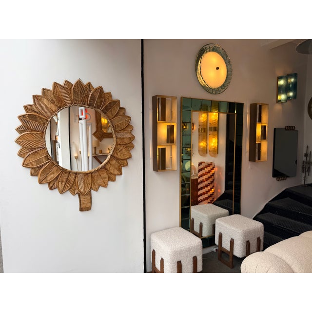 Tan Rattan Sunflower Mirror by Vivai Del Sud. Italy, 1970s For Sale - Image 8 of 11