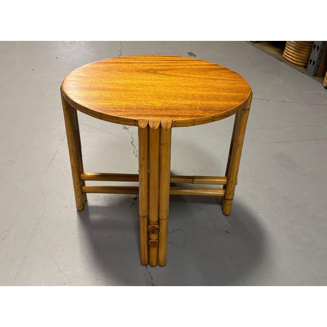 Restored Vintage Rattan Vertically Stacked Circular Drink Side Table With Mahogany Top For Sale - Image 9 of 9