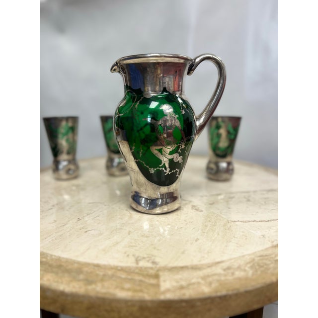Green 1950’s Murano Style Green Glassware and Pitcher With Silver Overlay - a Set of 4 For Sale - Image 8 of 8