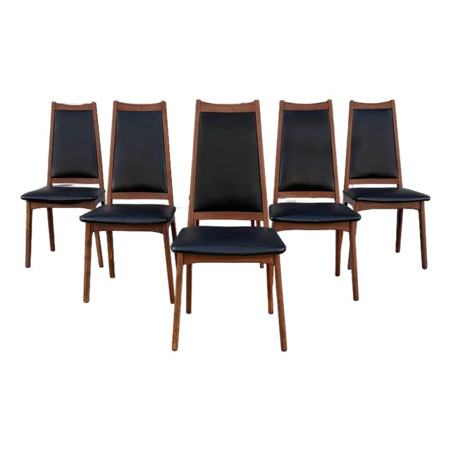 Mid Century Walnut and Vinyl Dining Chairs Attributed to Brown Saltman For Sale