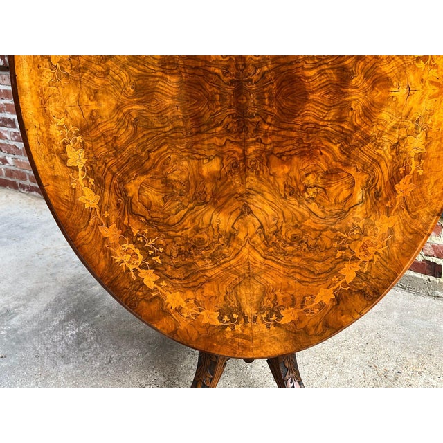 Wood Antique English Center Breakfast Table Burl Walnut Tilt Top Inlaid Oval C1890 For Sale - Image 7 of 18