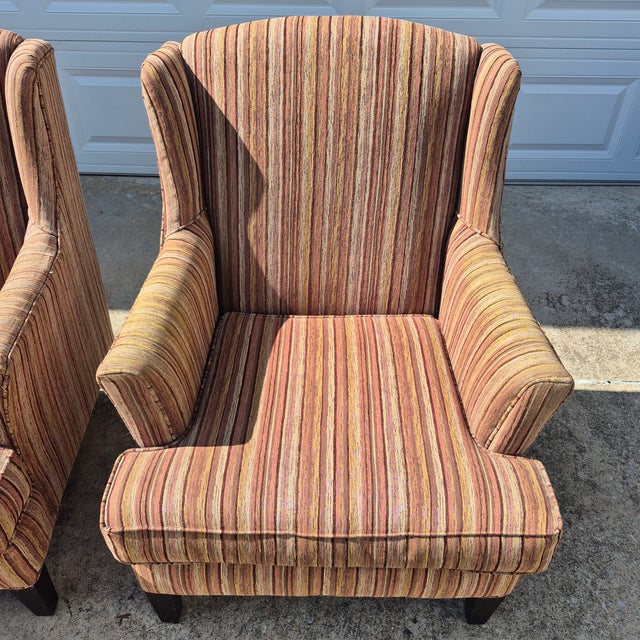 2010 Stratford Caye Large-Scale Modern Wingback Arm Chairs Brown Striped Upholstery - A Pair For Sale - Image 4 of 10