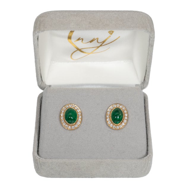 Emerald Stud Earrings W Earth Mined Diamonds in Solid 14k Yellow Gold Oval - 2 Pieces For Sale - Image 4 of 8