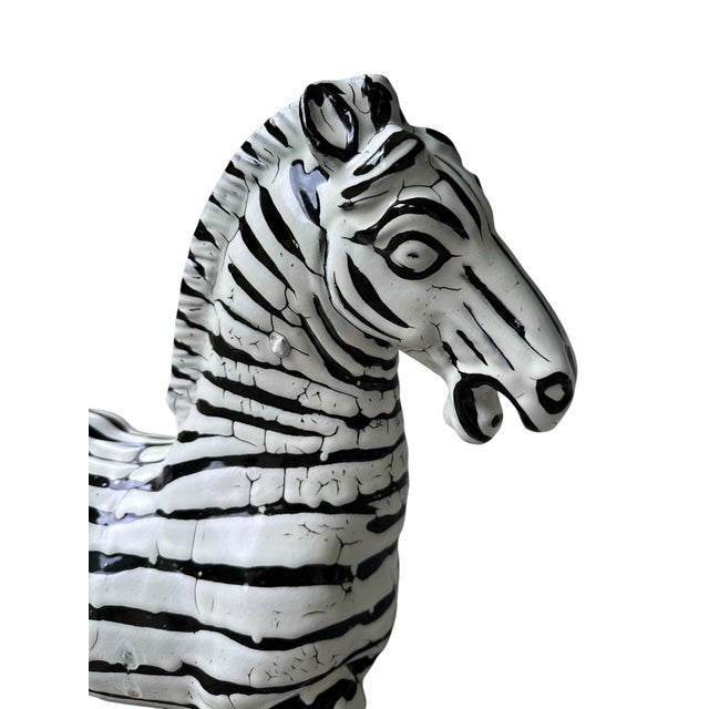 Hollywood Regency Vintage Large Black & White Zebra Sculpture Figure | Hand-Painted Crackle Glaze Ceramic Art | Hollywood Regency Safari Decor For Sale - Image 3 of 5
