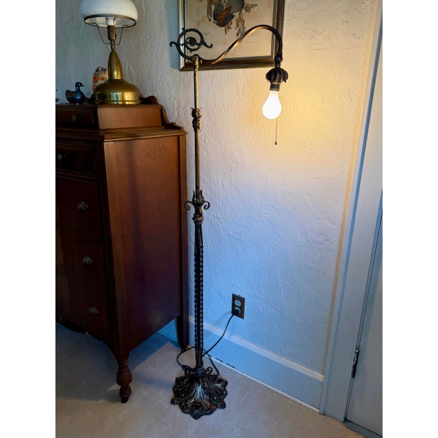 Antique Art Deco Floor Standing Bridge Arm Lamp 59", Ornate Gold & Green Floral For Sale - Image 11 of 11