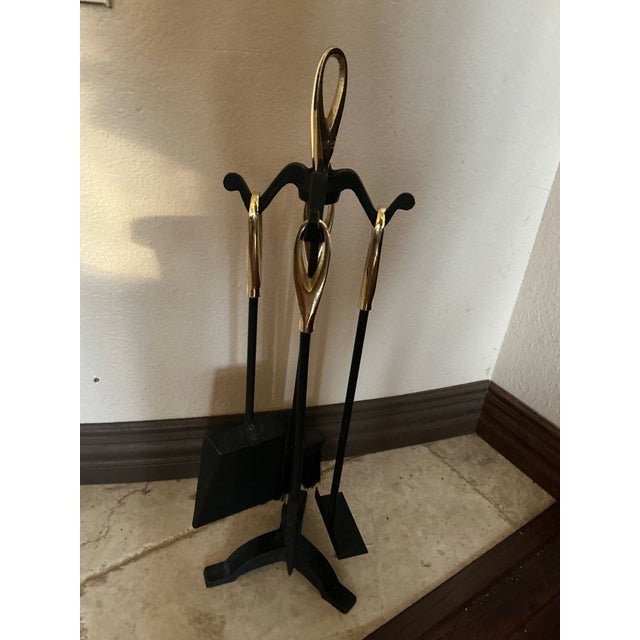 Mid-Century Modern 20th Century MCM Black & Brass Petite Fireplace Tool Set For Sale - Image 3 of 7