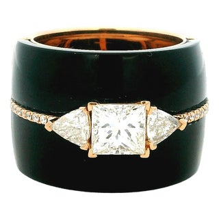 1990s Italian Black Agate & Diamond Ring in 18k Rose Gold, Size 7 For Sale