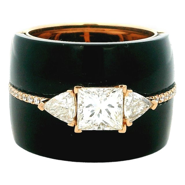 1990s Italian Black Agate & Diamond Ring in 18k Rose Gold, Size 7 For Sale