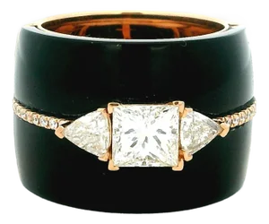 1990s Italian Black Agate & Diamond Ring in 18k Rose Gold, Size 7