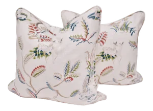 Borderline Square Double Sided" Richmond" Pillows on White Linen- a Pair