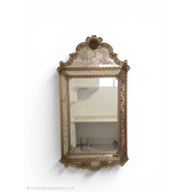 Venetian Murano Glass Wall Mirror with Floral Engraving and Amber Details, 1950 For Sale - Image 3 of 11