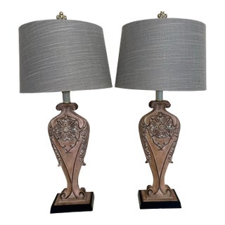 Vintage Pink Rose’ Patterned 3-Way Lamps With Grey Shades- a Pair For Sale