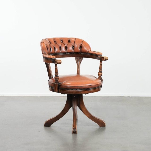 English Style Cowhide and Wood Chesterfield Office Chair with Decorative Nails For Sale - Image 17 of 17