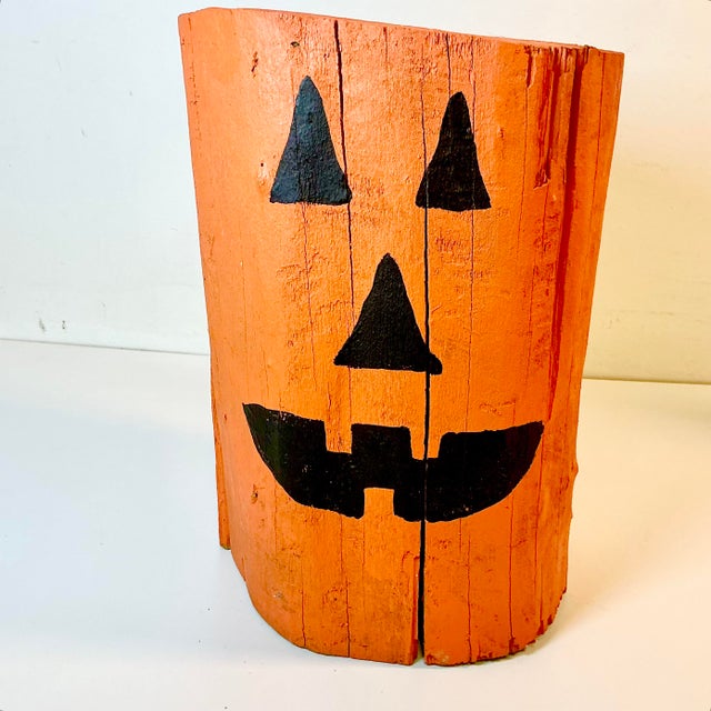 Vintage Americana Folk Art Boho Chic Wood Stump Jack-O-Lantern Low Stool - Halloween For Sale - Image 10 of 11