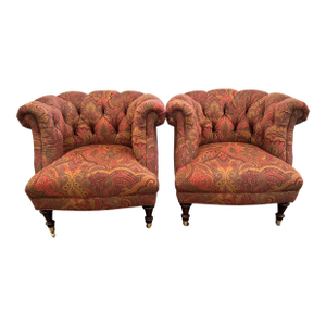 Pair of Hancock & Moore Tufted Roll-Arm Chairs in Paisley Upholstery With Brass Casters