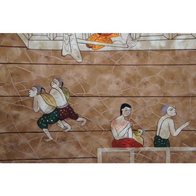 Vintage Lacquered Chinoiserie Painted Hanging Panel Pagoda Village Scene Screen Attributed to Maitland Smith For Sale - Image 9 of 12