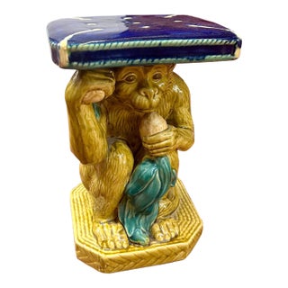 Vintage Majolica Monkey Plant Stand/Garden Stool For Sale