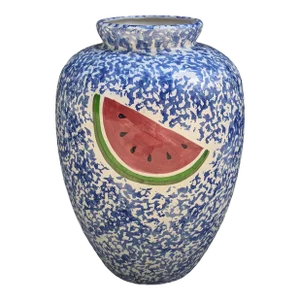 Vintage Blue and White Spongeware Watermelon Fruit Ceramic Vase