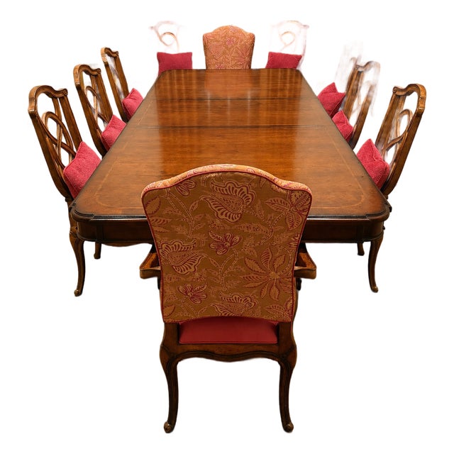 Vintage 10-Piece Carved Wood Dining Chair Set - 8 Side Chairs & 2 Upholstered Armchairs For Sale