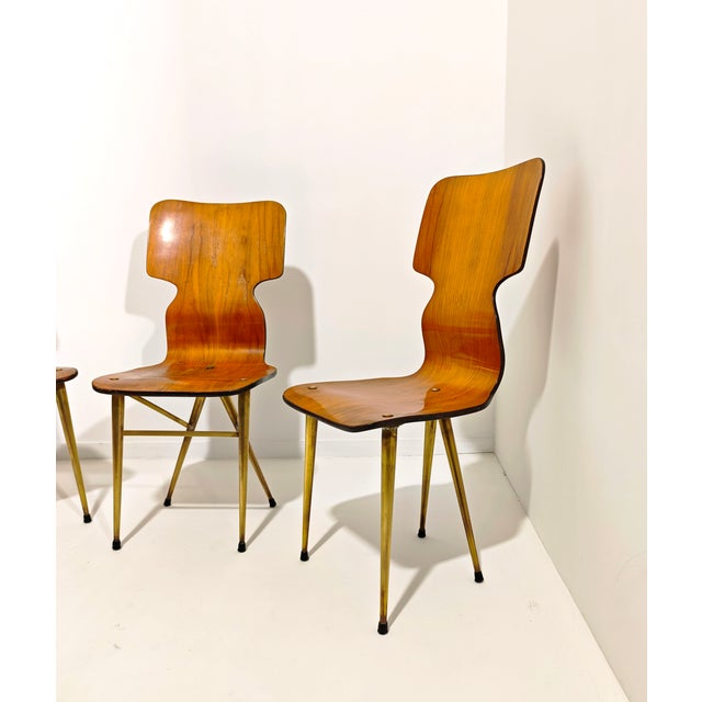 Curved Wooden Chairs with Brass Legs, 1970, Set of 4 For Sale - Image 17 of 18