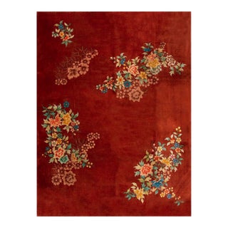 1930s Red Modernist Flowers Antique Chinese Art Deco Carpet 8'10'' X 11'4'' Knotted Wool Rug For Sale
