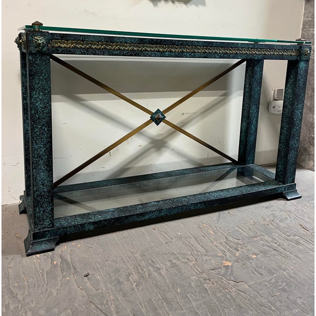 1980s Vintage Neoclassical Verdigris Wood, Brass and Glass Tiered Console Table For Sale - Image 5 of 11