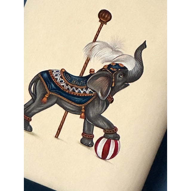 This exquisite miniature painting beautifully captures the essence of a circus elephant with extraordinary detail and...