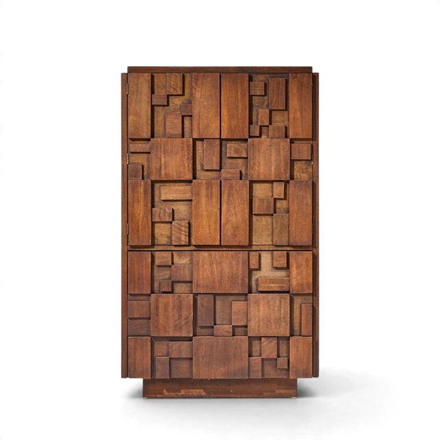Lane Staccato Brutalist Mid Century Walnut Armoire Highboy Dresser This armoire measures: 38 wide x 18.75 deep x 64 inches...