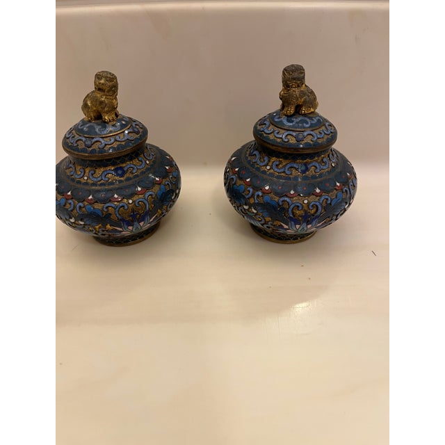 Pair of Antique Handmade Chinese Foo Dog Enamel Champleve Cloisonné Ginger Jars For Sale - Image 11 of 12