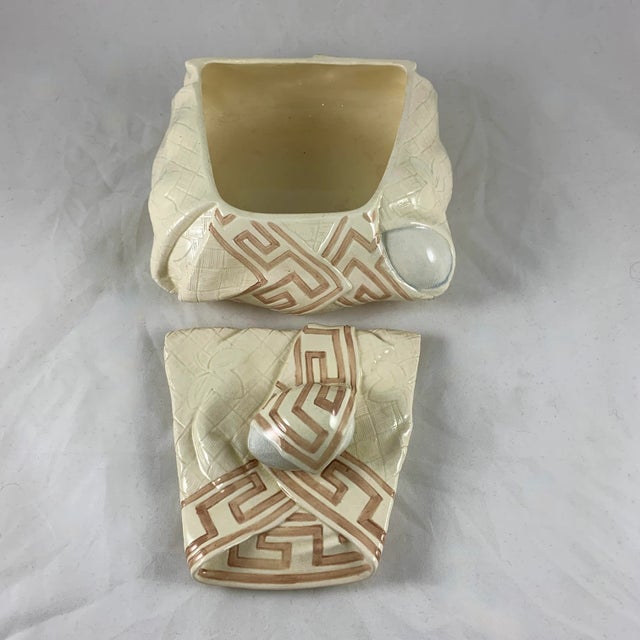 Sarreguemines Majolica Trompe L’Oeil Greek Key Napkin Egg Box Pâté Terrine For Sale - Image 9 of 13