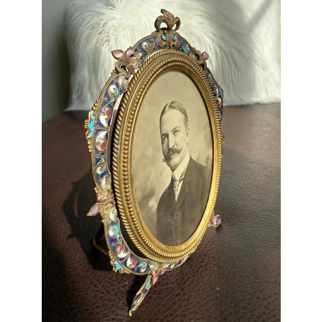 Beautiful antique French Style enamel bronze photo frame with black and white picture of a gentleman from the 19th...