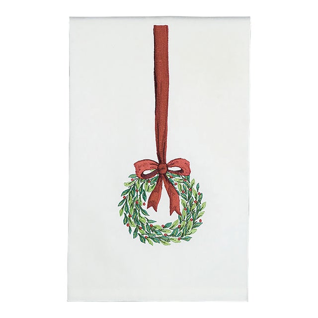 Christmas Wreath Bow Embroidered Kitchen Towel For Sale