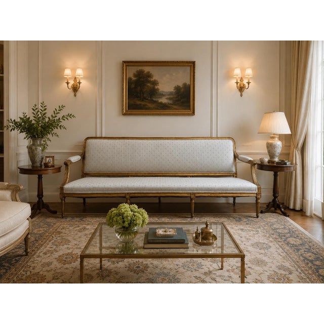A French Louis XVI-style giltwood settee featuring elegant neoclassical lines, finely carved details, and a beautifully...